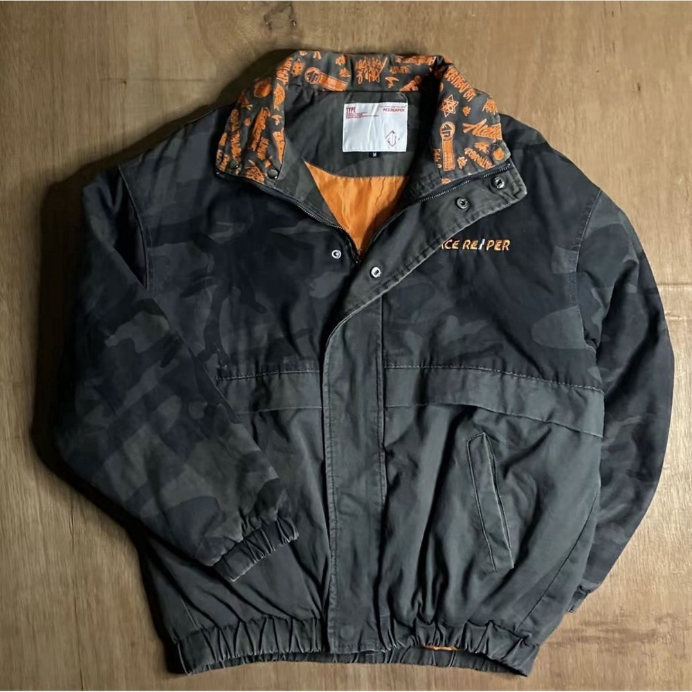 Ace Reaper Camo Bomber Jacket Orange Embroidered Streetwear Y2K Men's size L